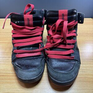 Vintage Etnies Shoes Mens US 10.5 Chunky Skater Y2K Black Red Plaid Trashed Worn